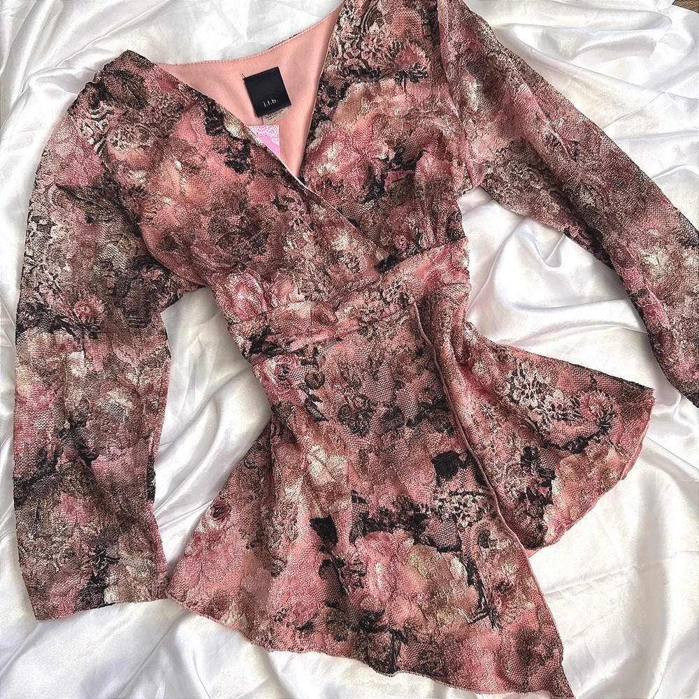 J.T.B. Womens Pink Floral Lace Wrap Top Metallic Gold Asymmetrical Peplum Small